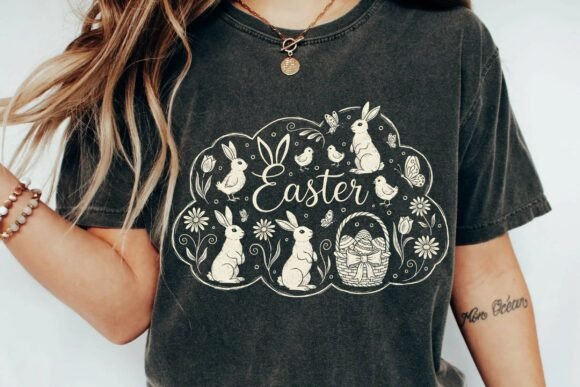 Download Vintage Aesthetic Hand-Drawn Easter Bunny Garden Scene Sublimation PNG - Easter bunny Collection