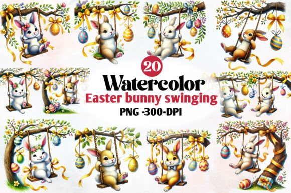 Download Watercolor Easter Bunny Swinging Clipart - Easter bunny Collection